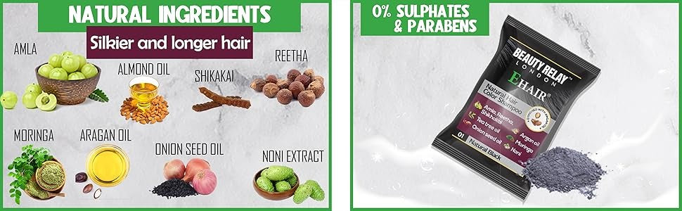 Beauty Relay London E-Hair Natural Black Shampoo – Herbal Hair Color with Amla, Shikakai & Argan Oil | Sulphate & Paraben Free